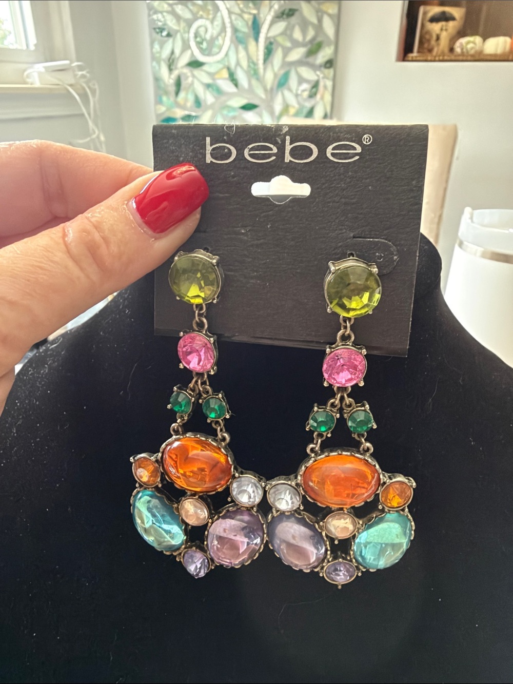 BEBE Multicolor Crystal Chandelier Earrings - Orange, Teal, Pink, Green, Purple